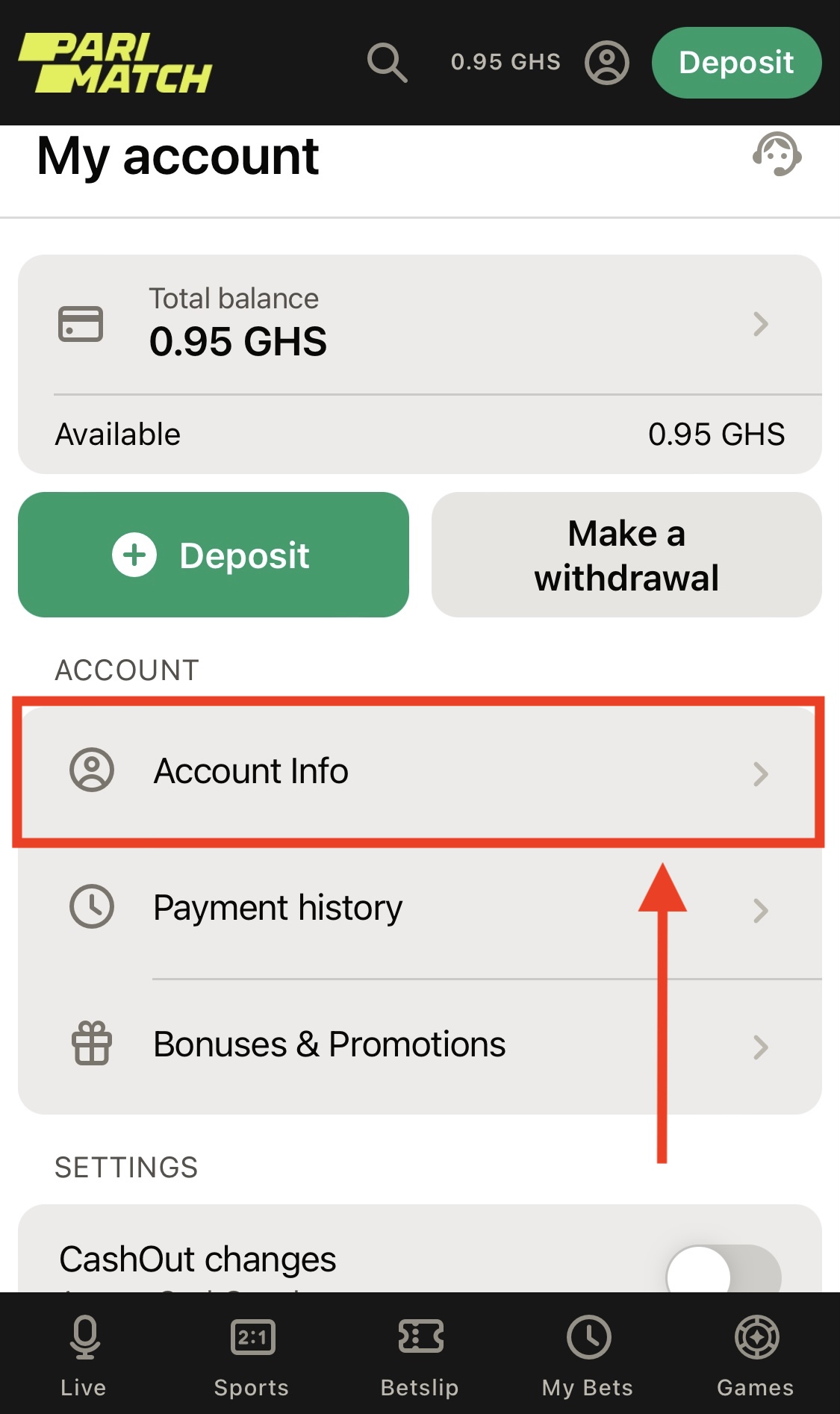 Parimatch Ghana Account Info Section