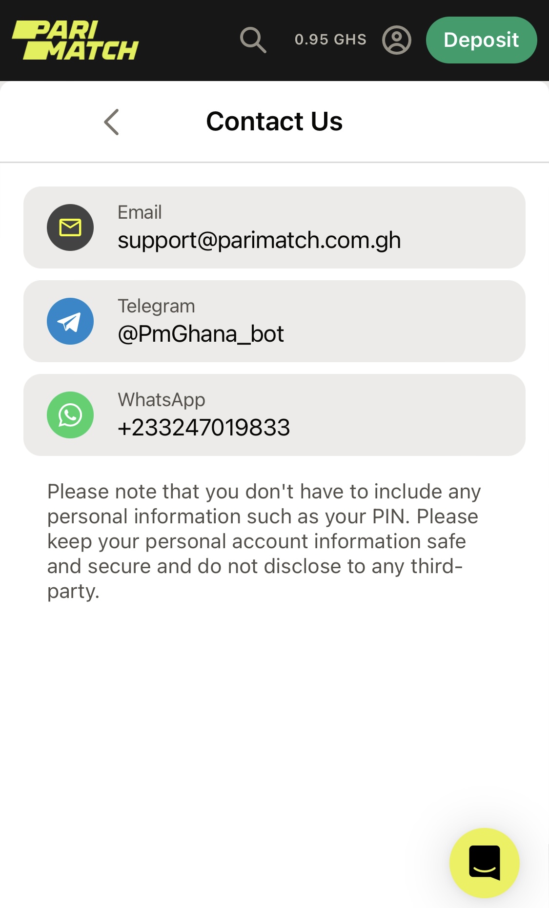 Parimatch Ghana customer support page