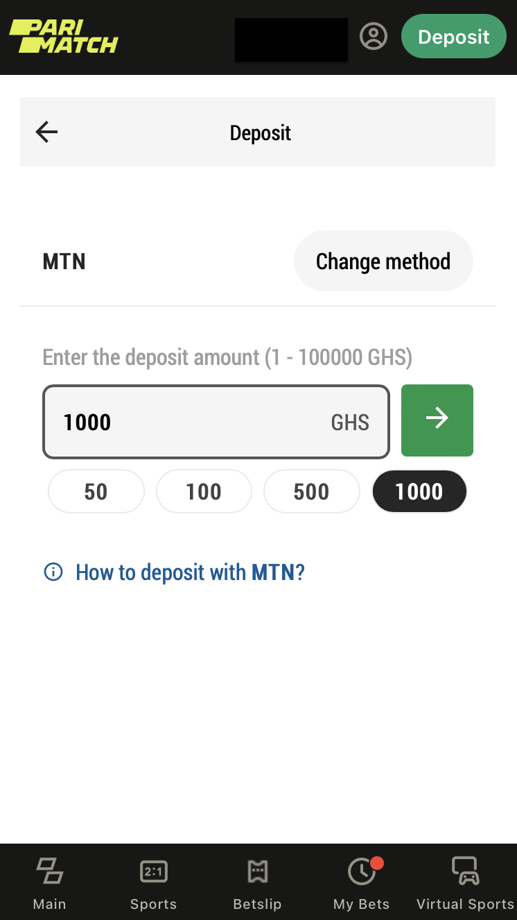 Deposit via MTN at Parimatch