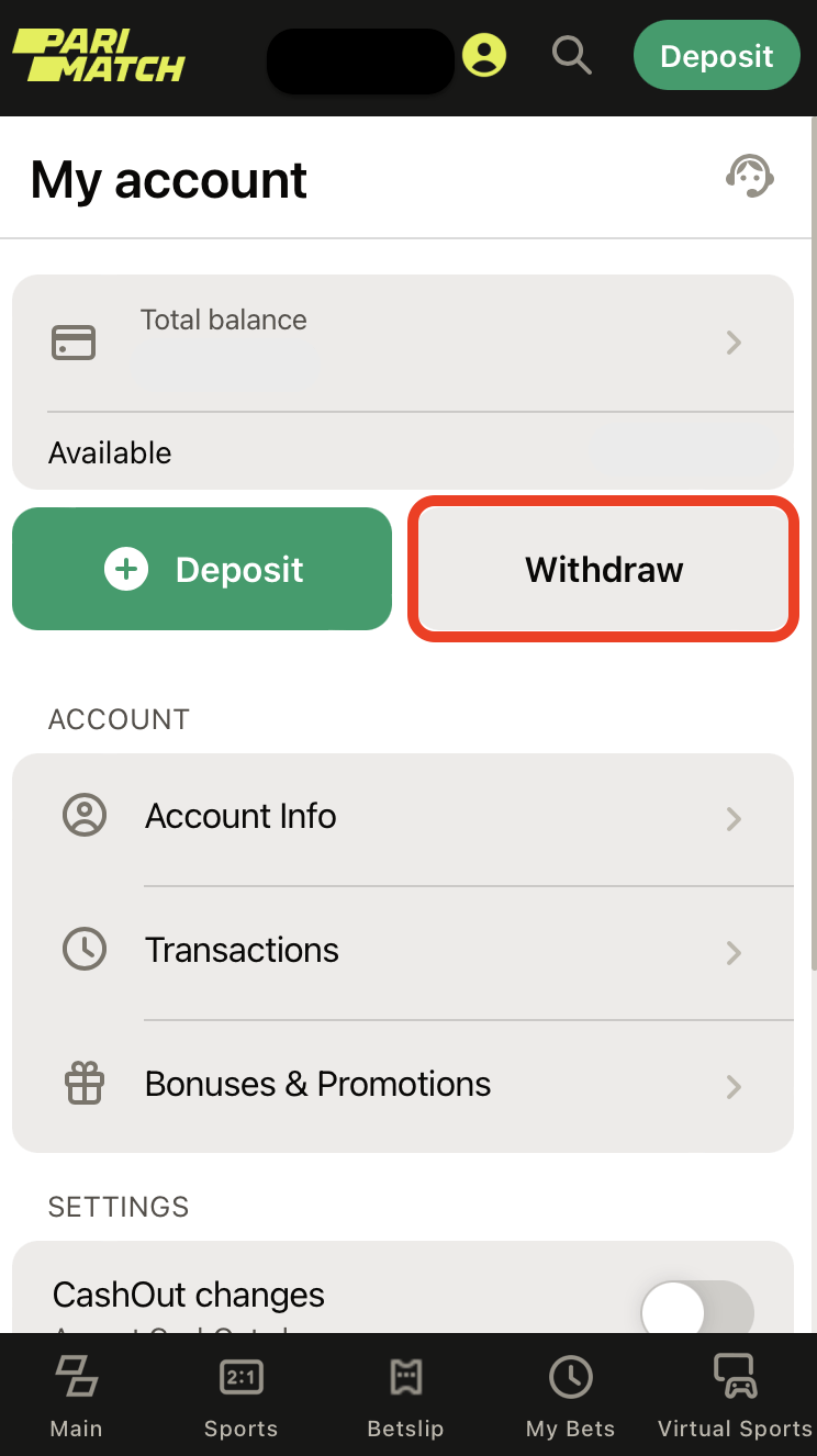 Withdrawal request button on Parimatch